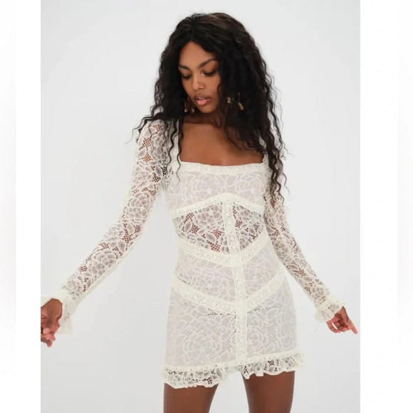 For Love And Lemons Cleo Lace Open Back Mini Dress In Ivory Size M - Picture 1 of 16